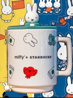 NWT Starbucks X Miffy Ceramic Mug with Silicone Lid & Miffy Stickers
